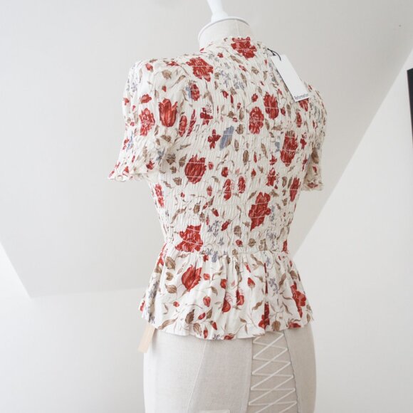 Reformation Aggie Magnolia Puff Sleeve Smocked Peplum Top Size Small NWT - Picture 7 of 16